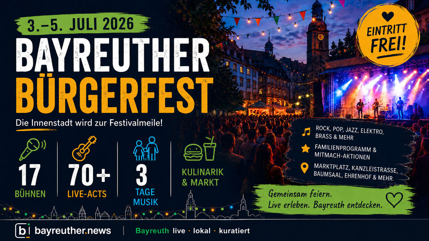 Bayreuther Bürgerfest 2026: Drei Tage Innenstadt-Festival mit 17 Bühnen und über 70 Live-Acts