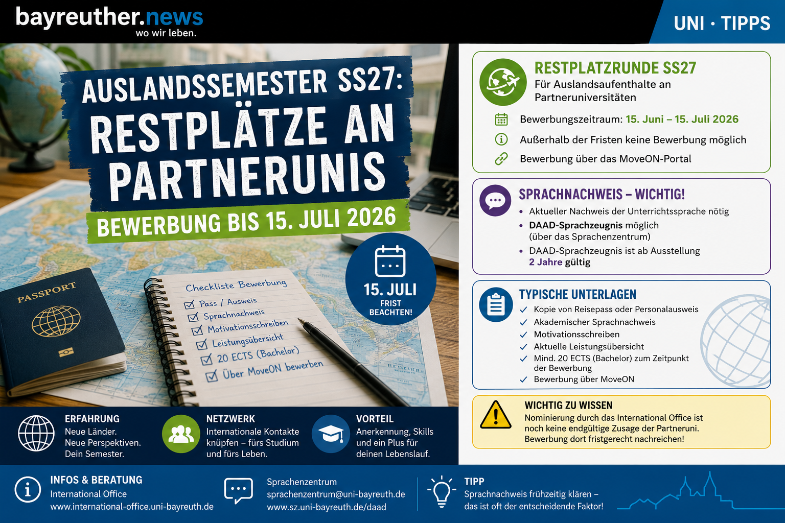 Auslandssemester SS27: Restplätze an Partnerunis — Bewerbung bis 15. Juli
